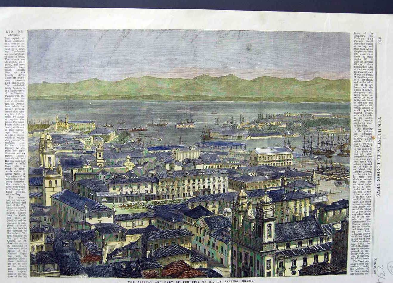 Original Old Antique Print 1860 Colour Arsenal City Rio De Janeiro Brazil 19th