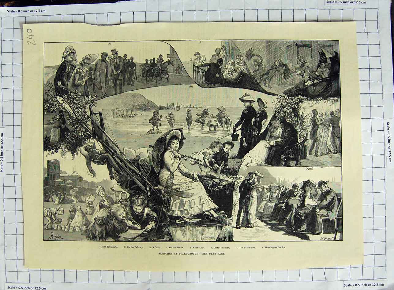 Original Old Antique Print Scarborough Sands Esplanade Children Fishing Spa