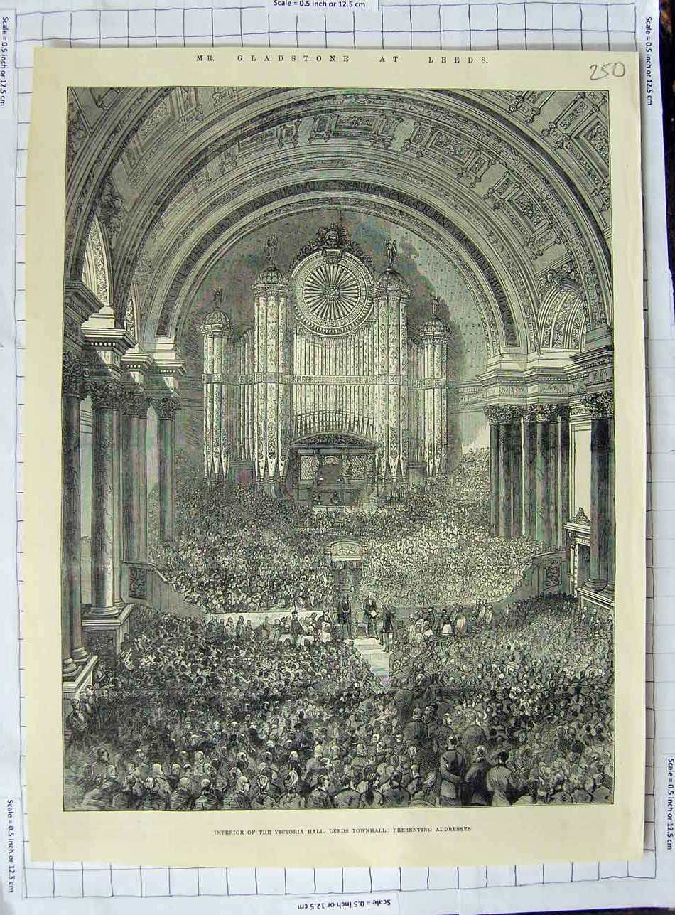 Original Old Antique Print Mr Gladstone Leeds Interior Victoria Hall Townhall