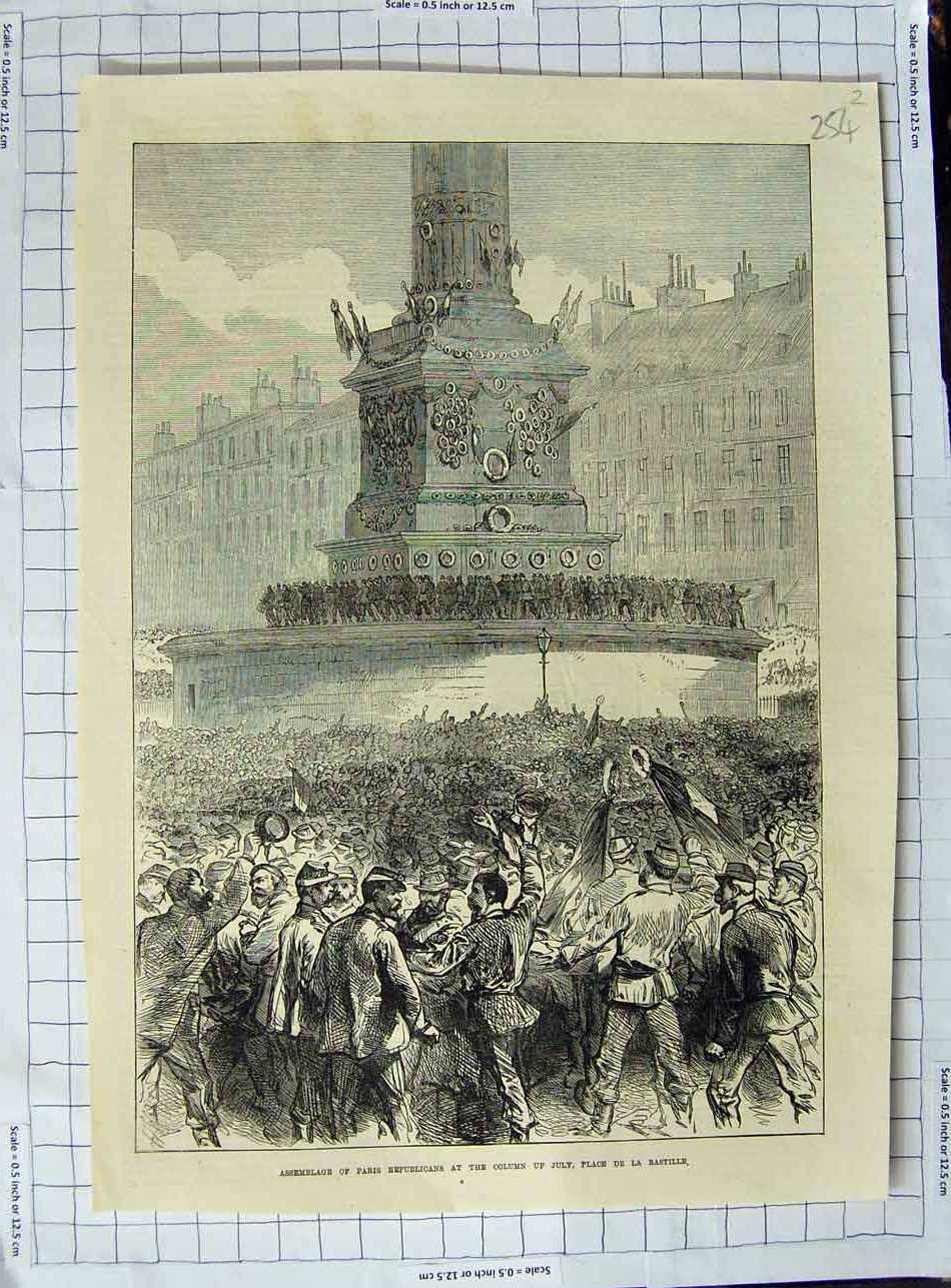 Old Antique Print Assemblage Paris Republicans Column July Place Bastille
