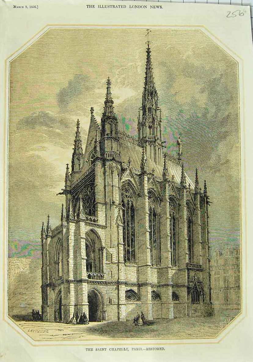 Original Old Antique Print 1856 Saint Chapelle Paris France Architecture 19th