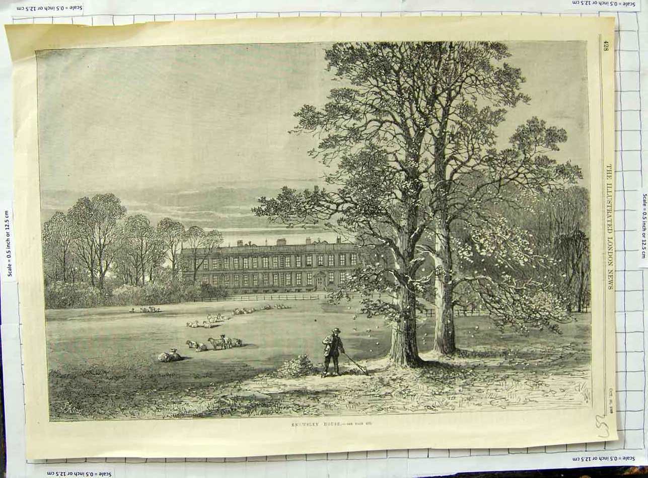 Original Old Antique Print 1869 Exterior Garden Knowsley House Sheep Trees 19th