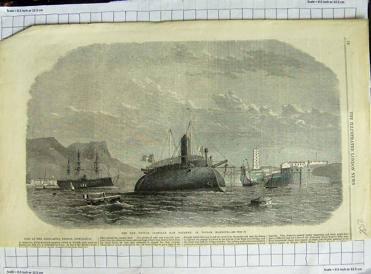 Original Old Antique Print New French Ironclad Ram Taureau Toulon Harbour Ships