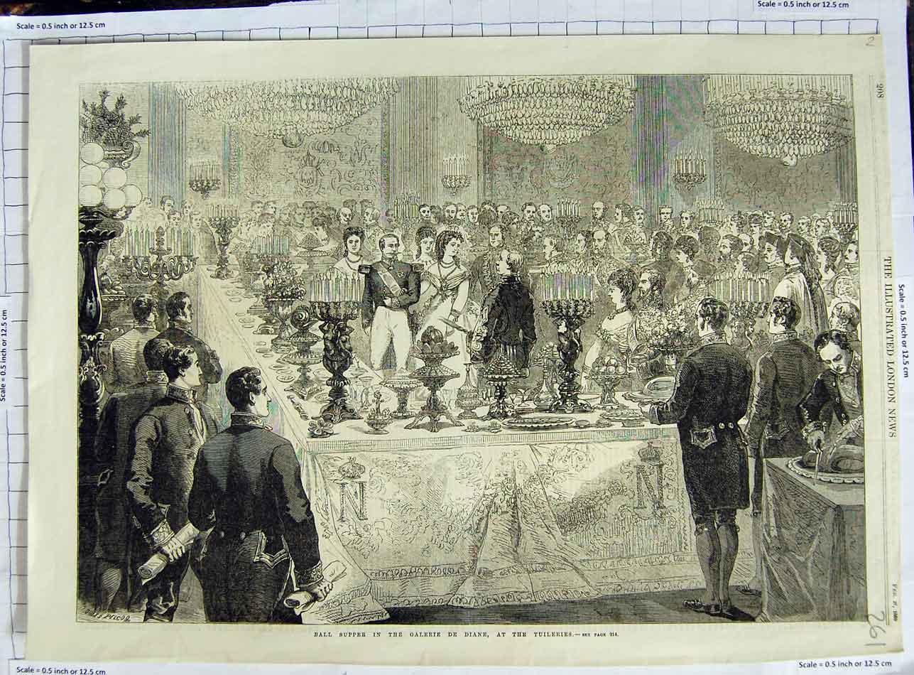 Original Old Antique Print 1869 Ball Supper Galerie De Diane Tuileries France