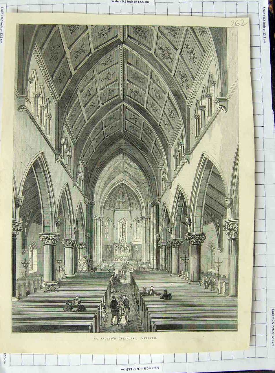 Original Old Antique Print Interior St. Andrew'S Cathedral Inverness Scotland