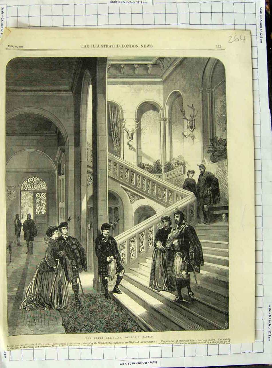 Original Old Antique Print 1866 View Great Staircase Dunrobin Castle Sutherland