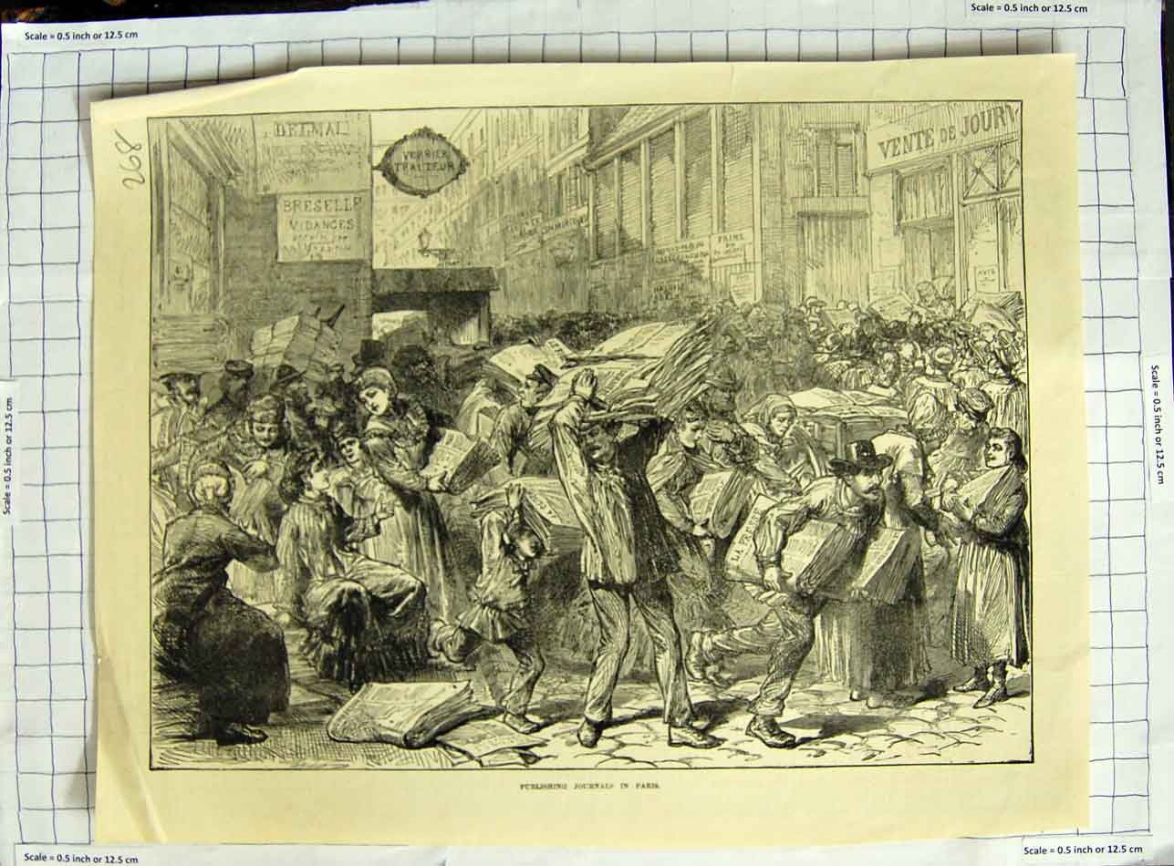 Original Old Antique Print Street Scene Publishing Journals Paris France
