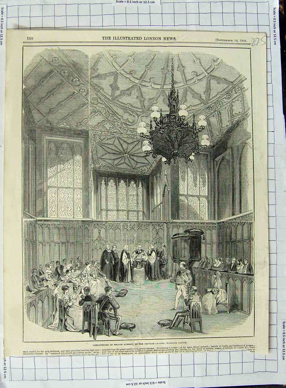 Original Old Antique Print 1844 Christening Prince Alfred Chapel Windsor Castle