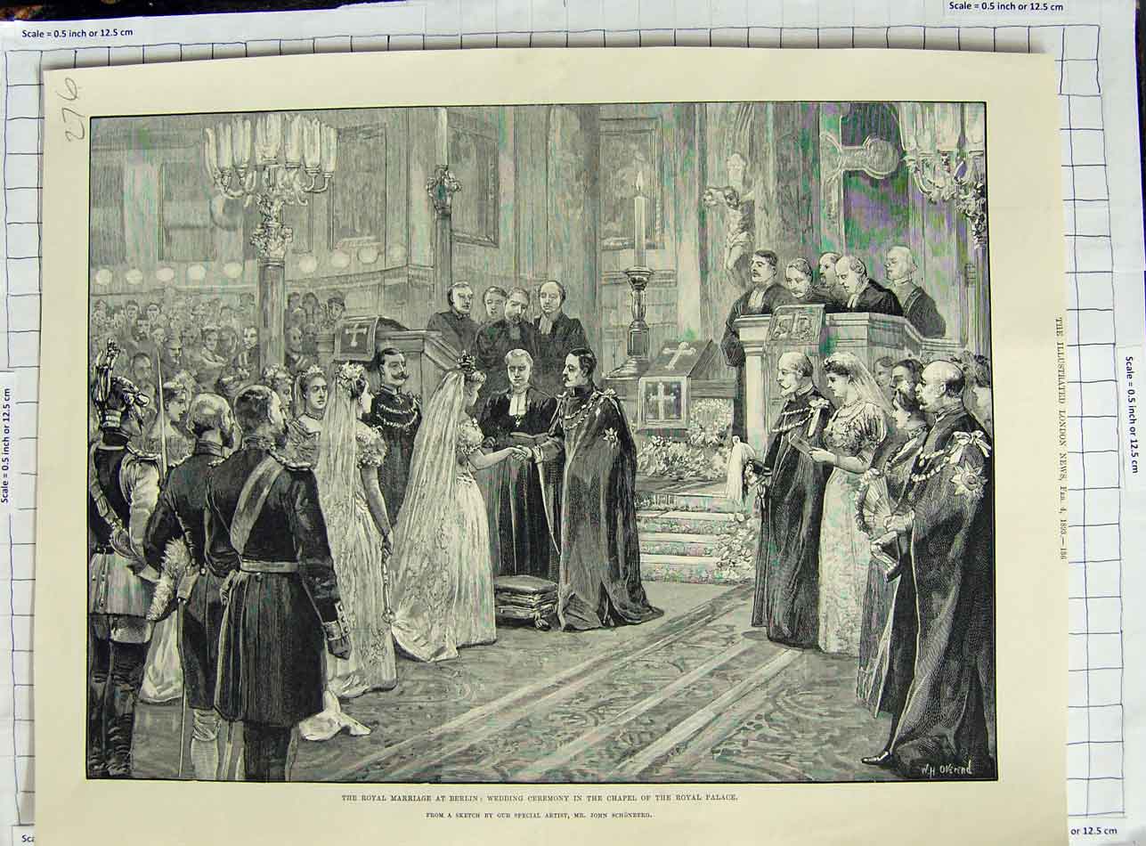 Old Antique Print 1893 Royal Wedding Berlin Ceremony Chapel Royal Palace 19th