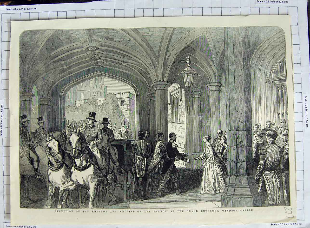 Original Old Antique Print Reception Emperor French Entrance Windsor Castle