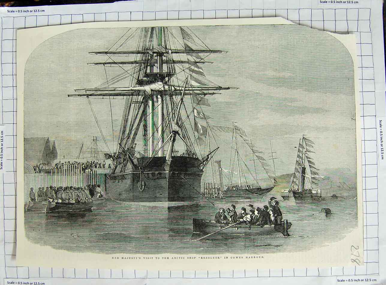 Original Old Antique Print Majesty Queen Arctic Ship Resolute Cowes Harbour