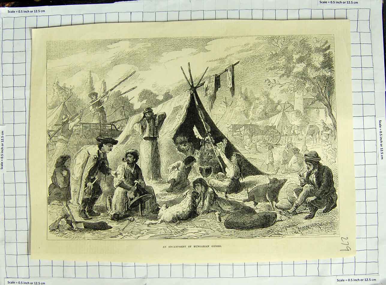 Original Old Antique Print Scene Encampment Hungarian Gipsies Tents Families