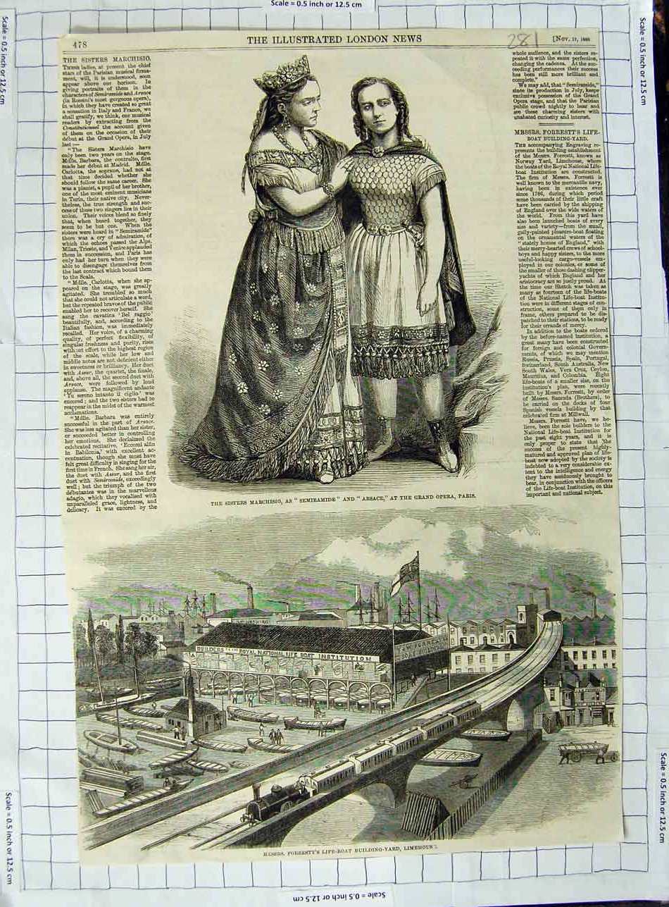Old Antique Print 1860 Forrestt Life Boat Limehouse Opera Marchisio Paris 19th
