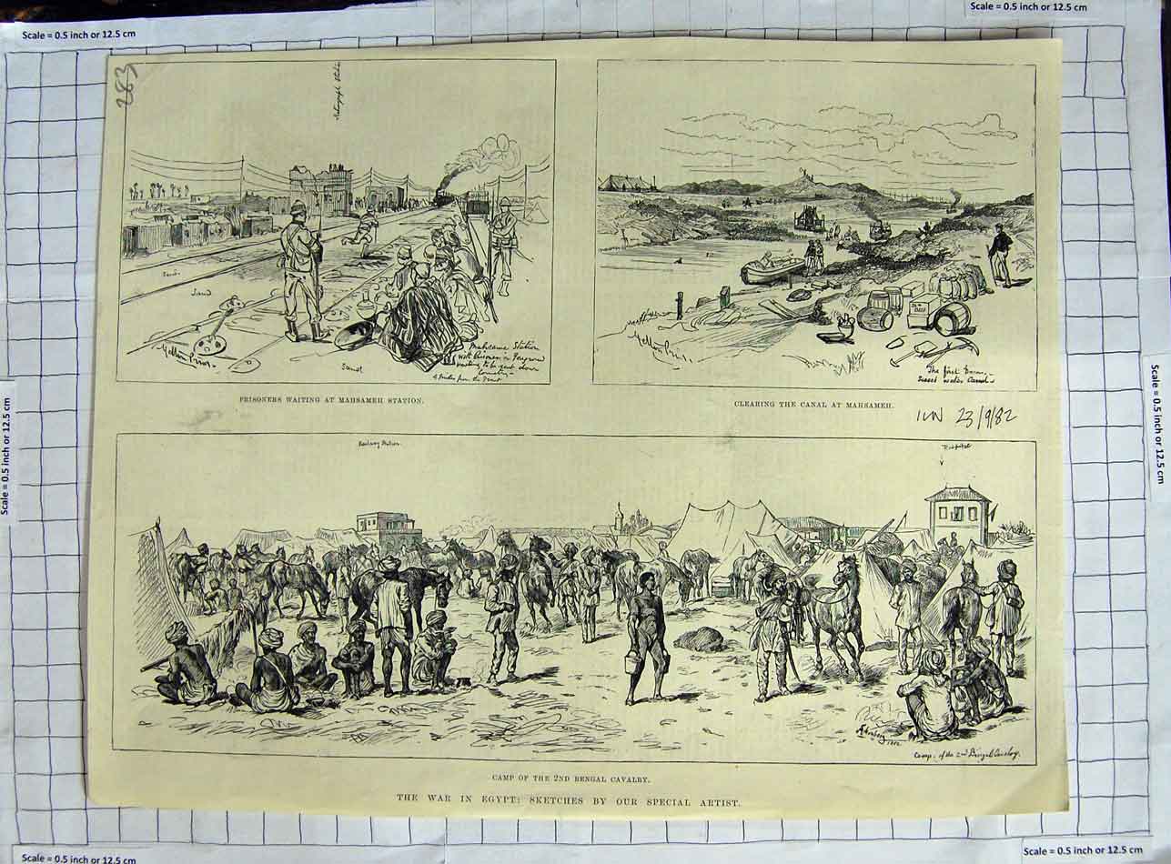 Original Old Antique Print 1882 War Egypt Bengal Cavalry Mahsameh Station Canal