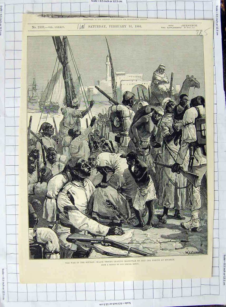 Original Old Antique Print 1884 War Soudan Black Troops Massowah Souakim War