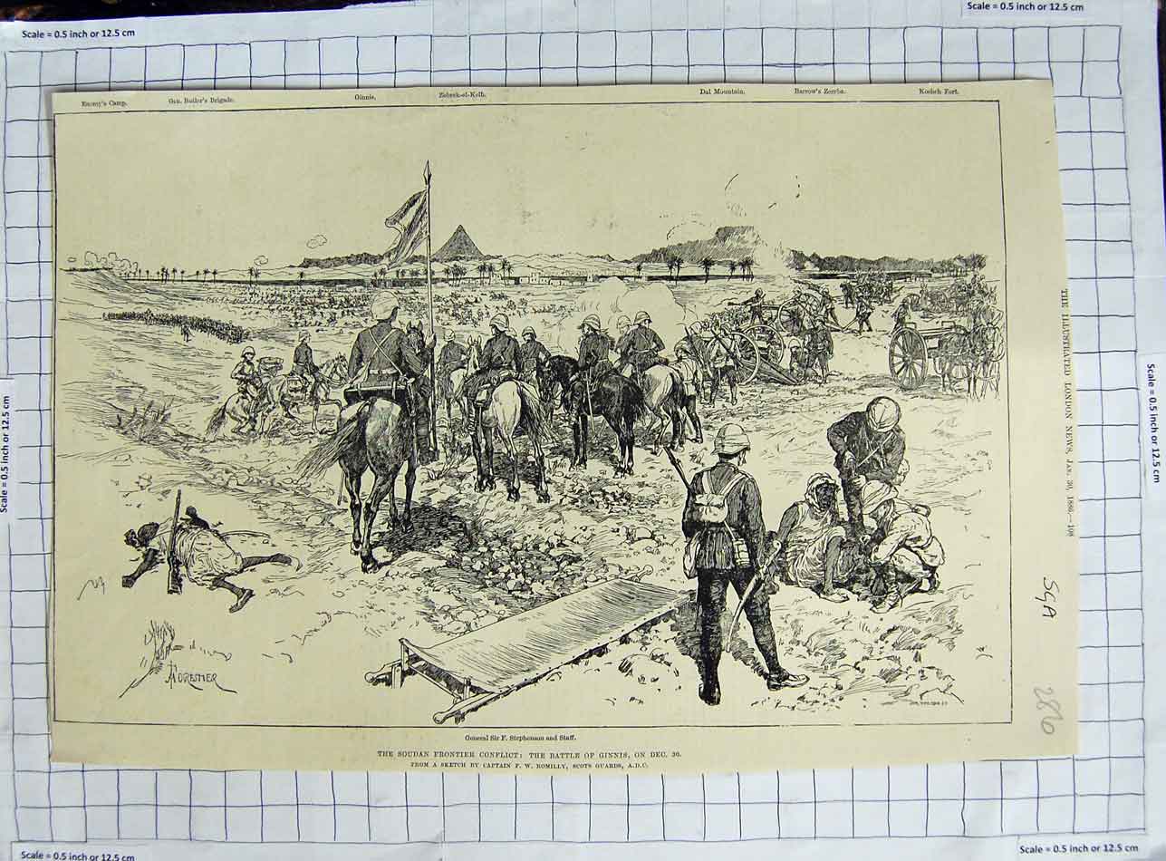 Original Old Antique Print 1886 General Stephenson Soudan War Battle Ginnis