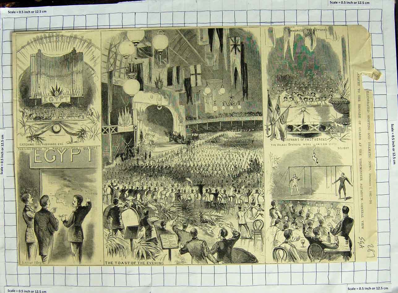 Original Old Antique Print 1882 Banquet Brigade Guards Westminster Aquarium