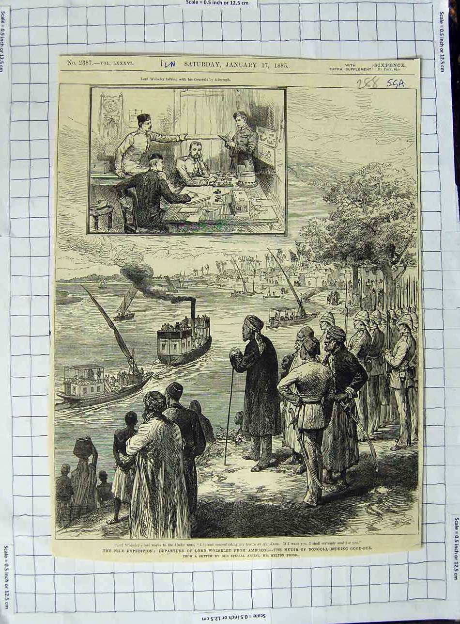 Original Old Antique Print 1885 Nile Lord Wolseley Ambukol Mudir Dongola Boats