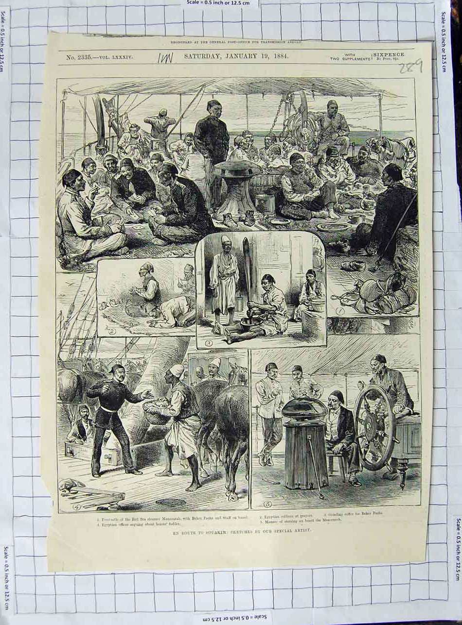 Old Antique Print 1884 Souakim Red Sea Ship Mansourah Baker Pasha Horses 19th
