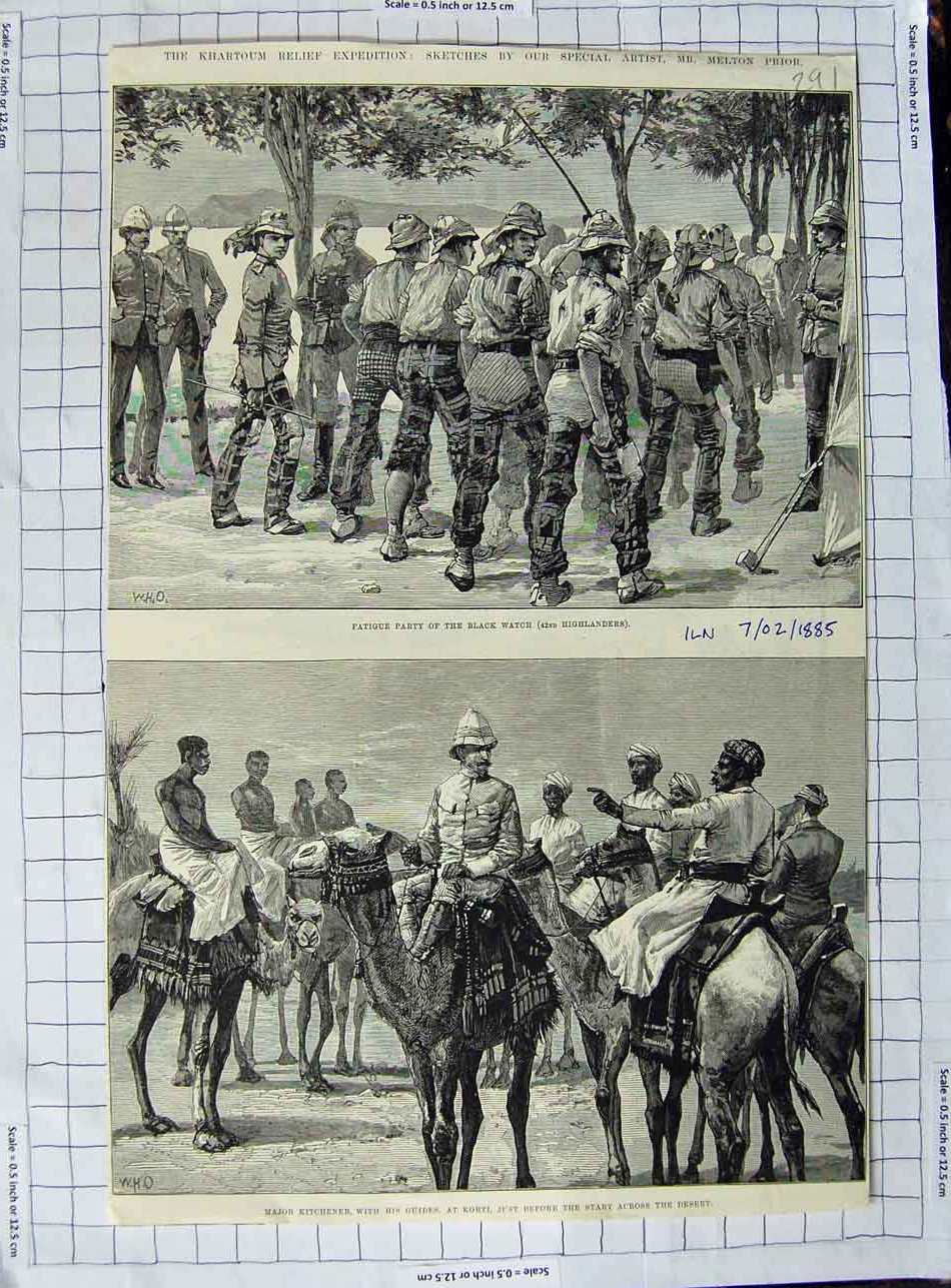 Old Antique Print 1885 Khartoum Major Kitchener Black Watch Highlanders 19th