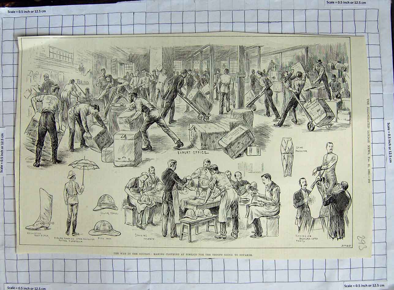 Original Old Antique Print 1885 War Soudan Making Clothing Pimlico Siers 19th