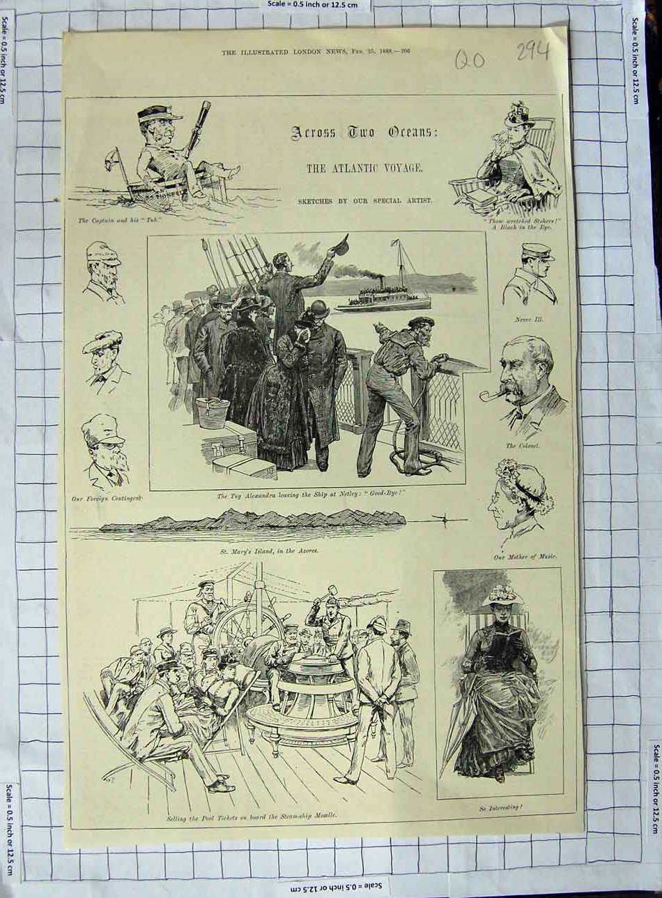 Old Antique Print 1888 Atlantic Voyage Ship Passengers Alexandra Netley 19th
