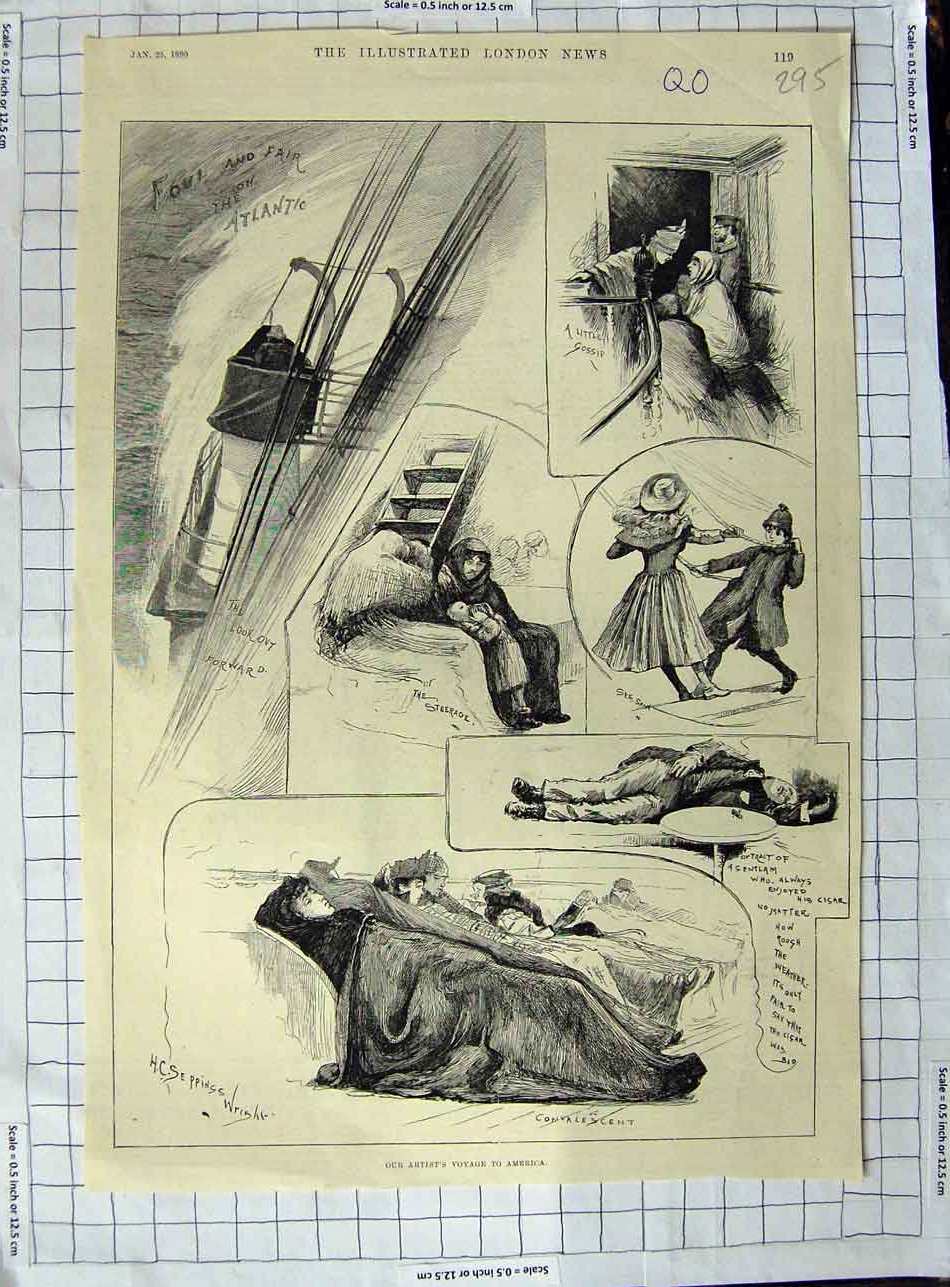 Original Old Antique Print 1890 Artist Voyage America Ship Passengers Victorian