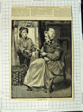 Original Old Antique Print 1886 Fine Art Young Boy Fishing Lady Bible Victorian