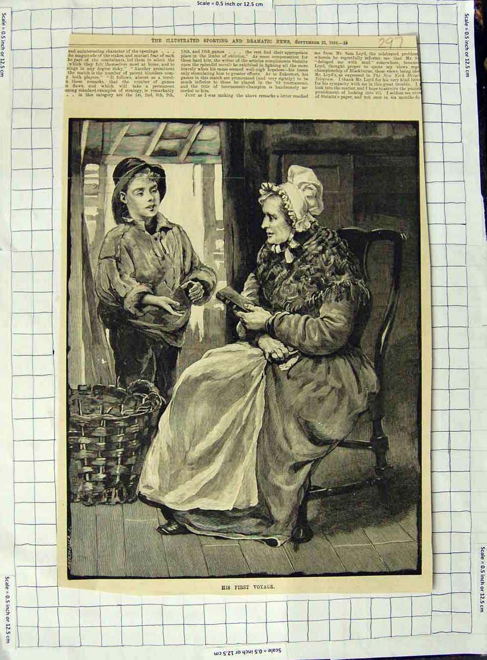 Original Old Antique Print 1886 Fine Art Young Boy Fishing Lady Bible Victorian