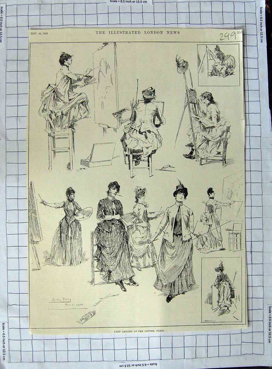 Original Old Antique Print 1888 Sketch Lady Artists Louvre Paris France 19th