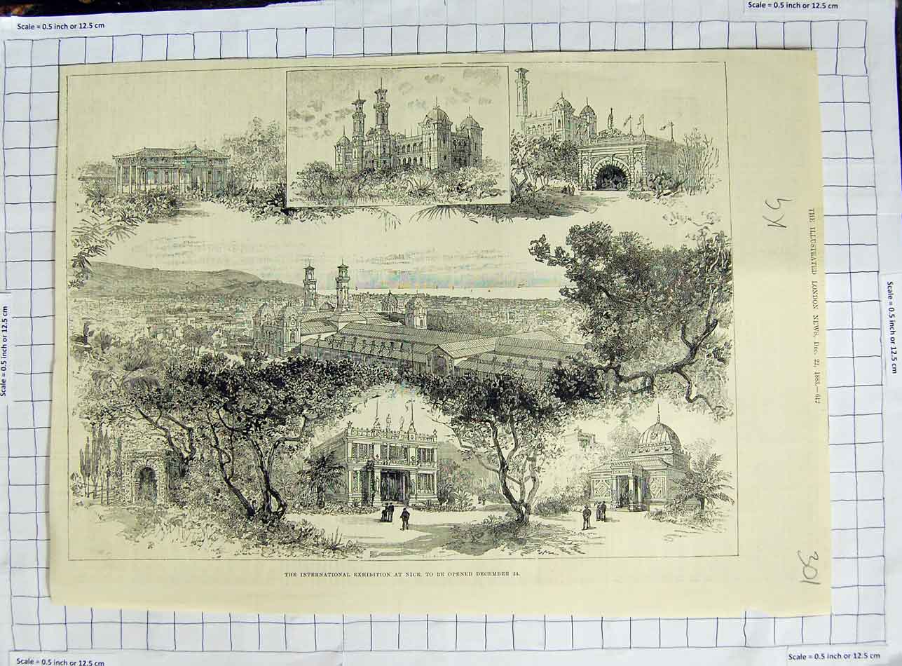 Old Antique Print 1883 International Exhibition Nice France Architecture 19th