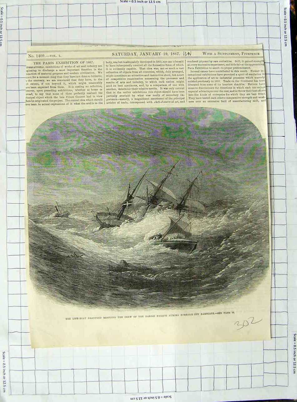 Original Old Antique Print 1867 Life Boat Bradford Danish Ship Aurora Borealis