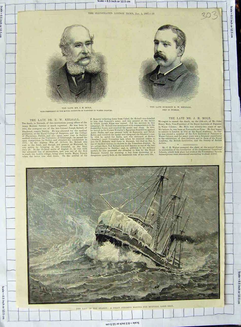 Old Antique Print 1887 Grain Steamer Ship Lake Erie Mole Kelsall Surgeon 19th