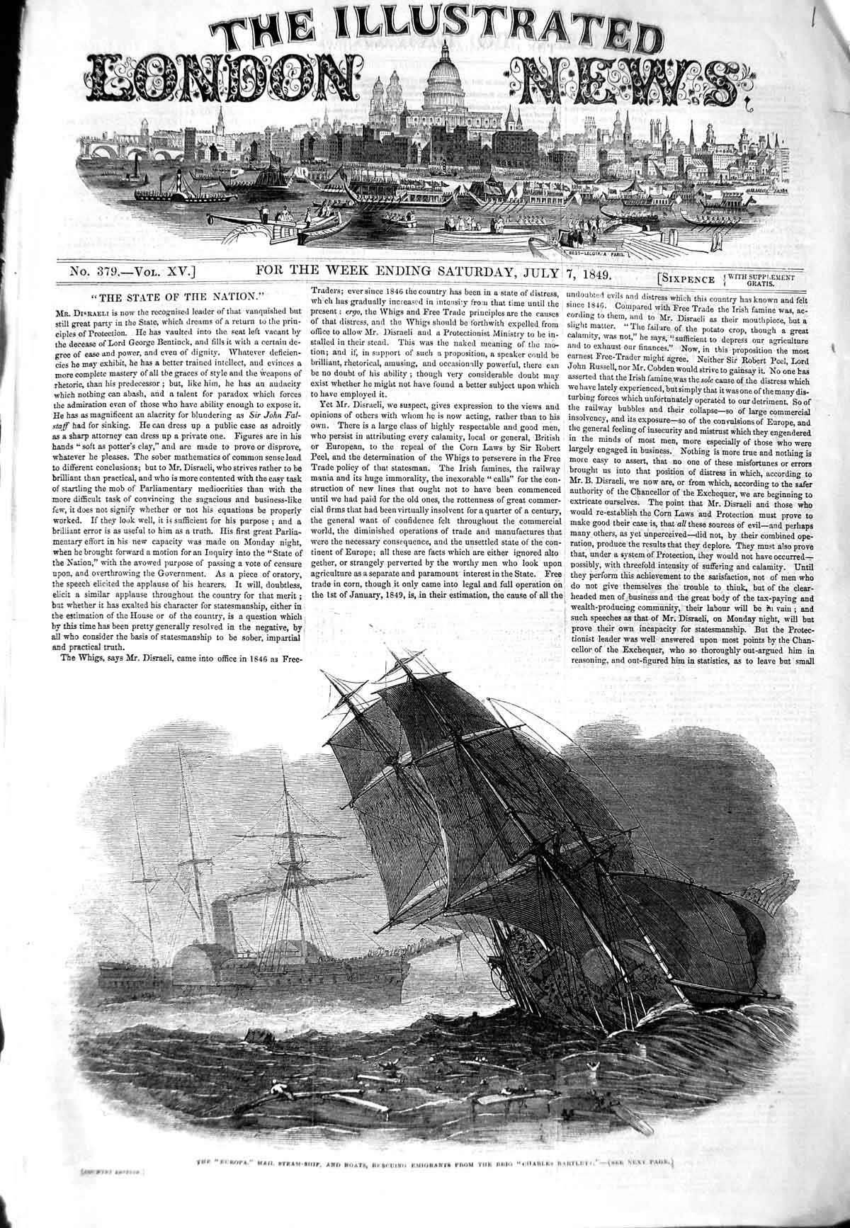 Old Antique Print 1849 Europa Steam Ship Emigrants Brig Charles Bartlett 19th