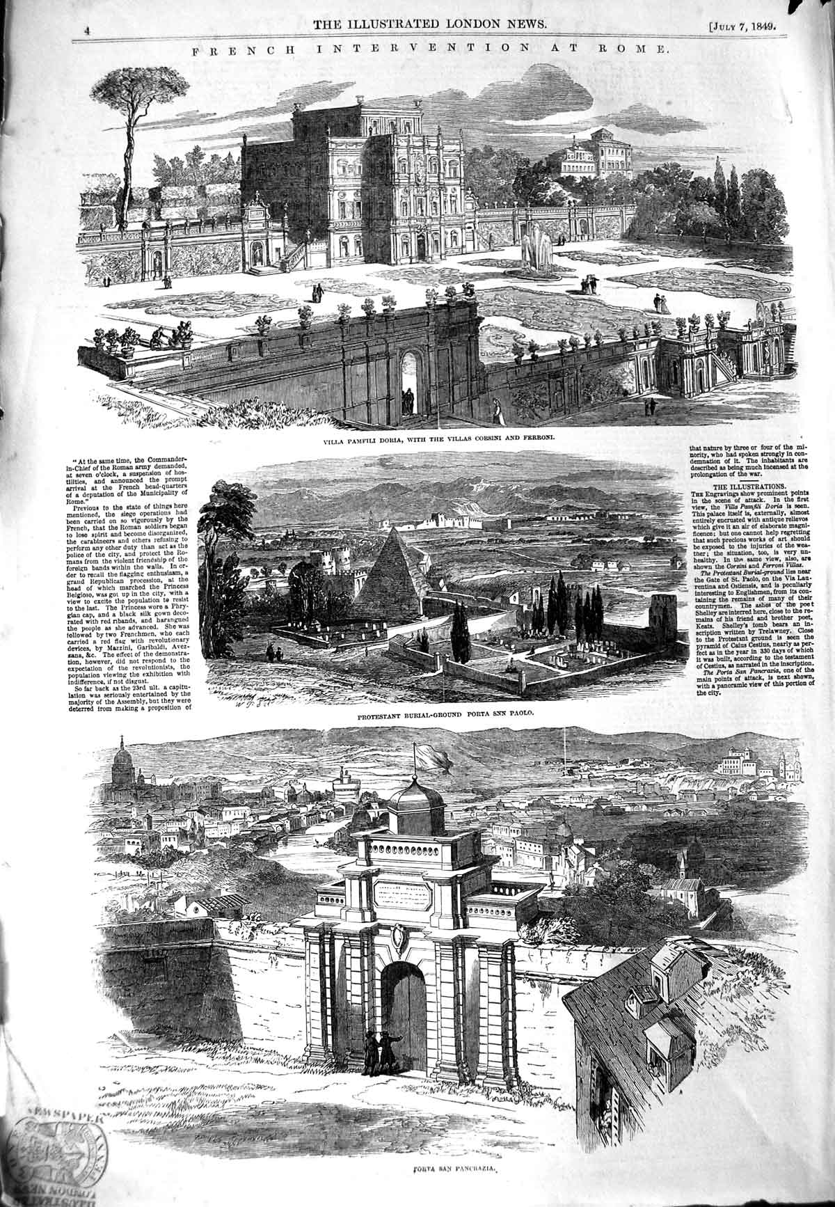 Old Antique Print 1849 Rome Villa Pamfili Doris Porta San Pancrazia Paolo 19th
