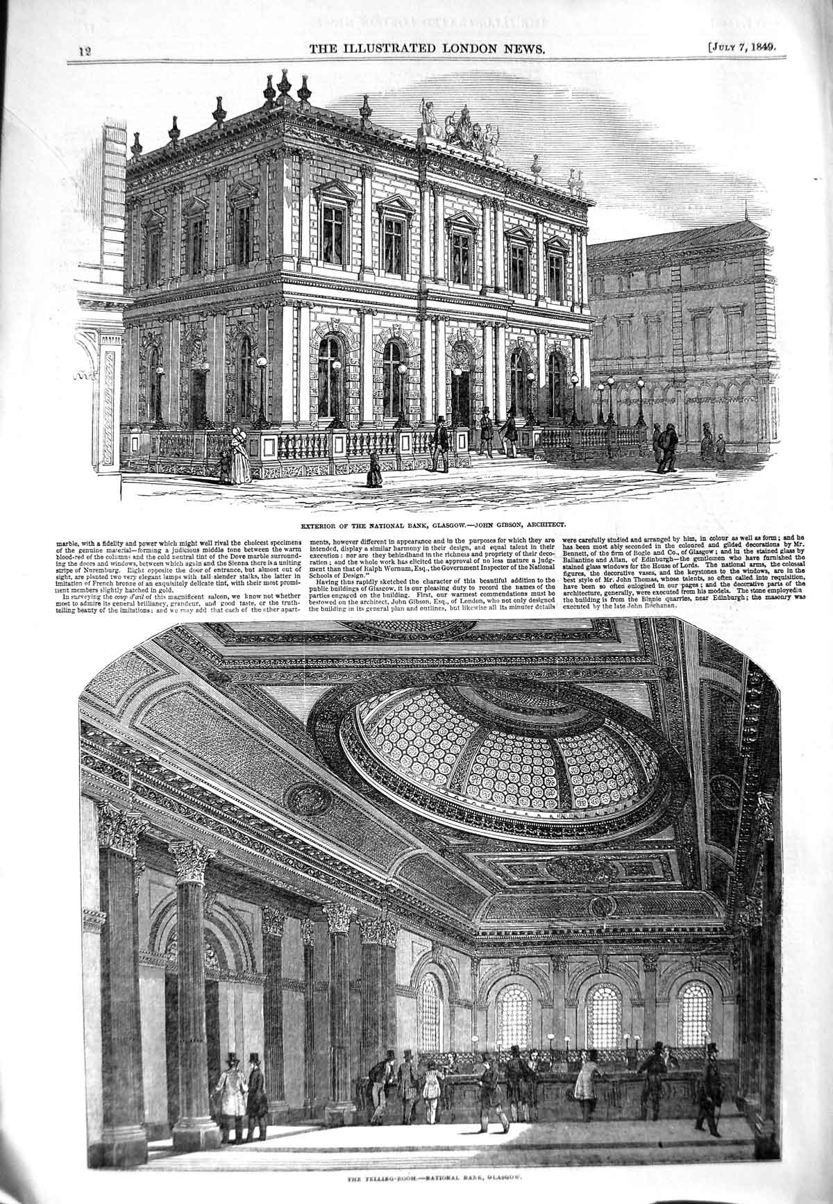 Original Old Antique Print 1849 National Bank Glasgow John Gibson Architect