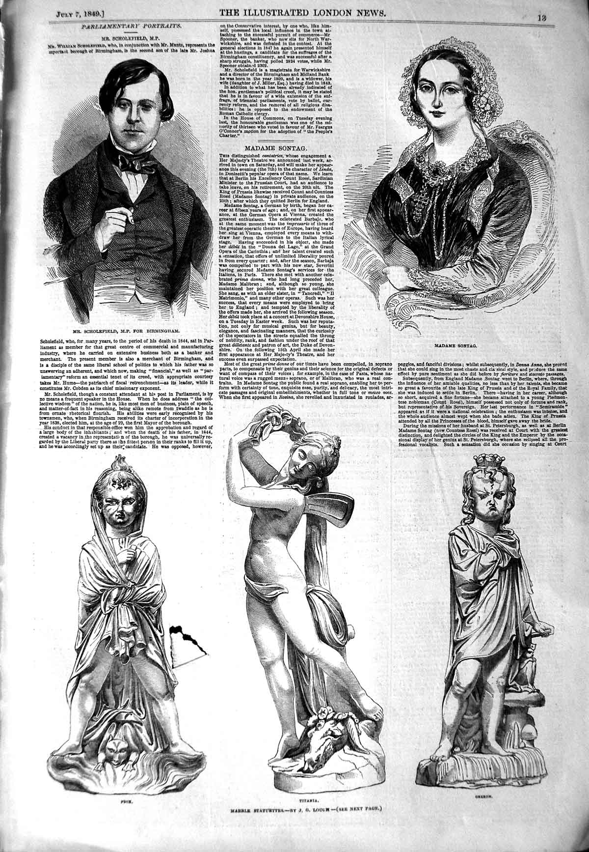 Old Antique Print 1849 Scholefield Madame Sontag Statues Titania Oberon 19th