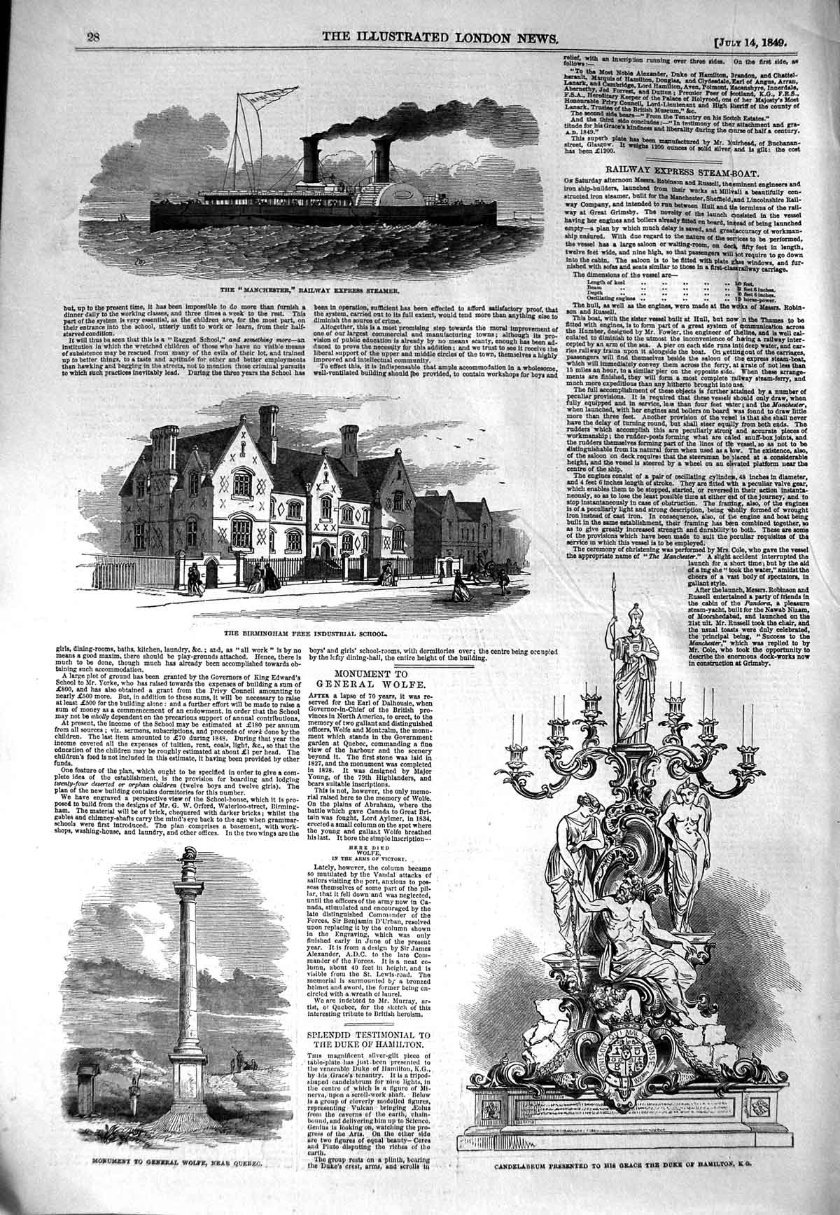 Original Old Antique Print 1849 Manchester Railway Ship Birmingham School Wolfe