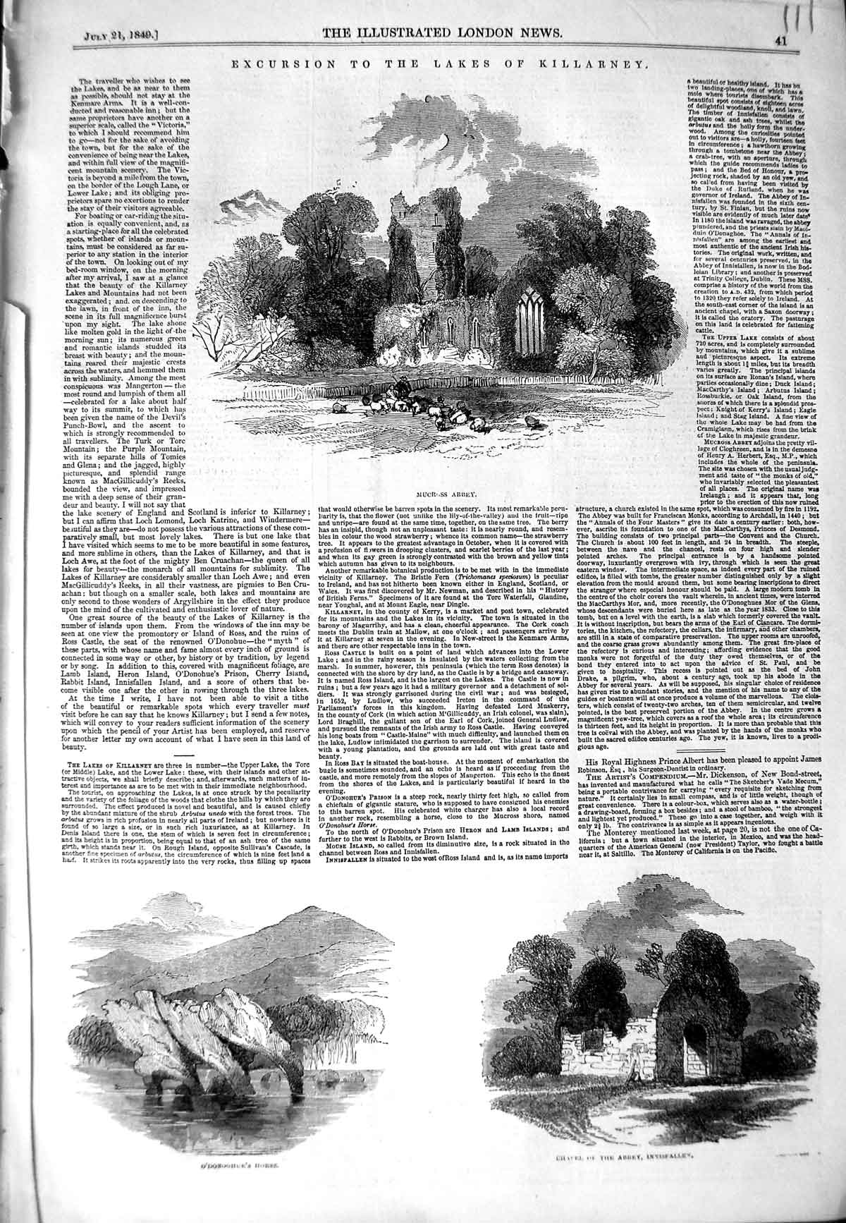 Original Old Antique Print 1849 Lakes Killarney Mucross Abbey O'Donoghue Abbey