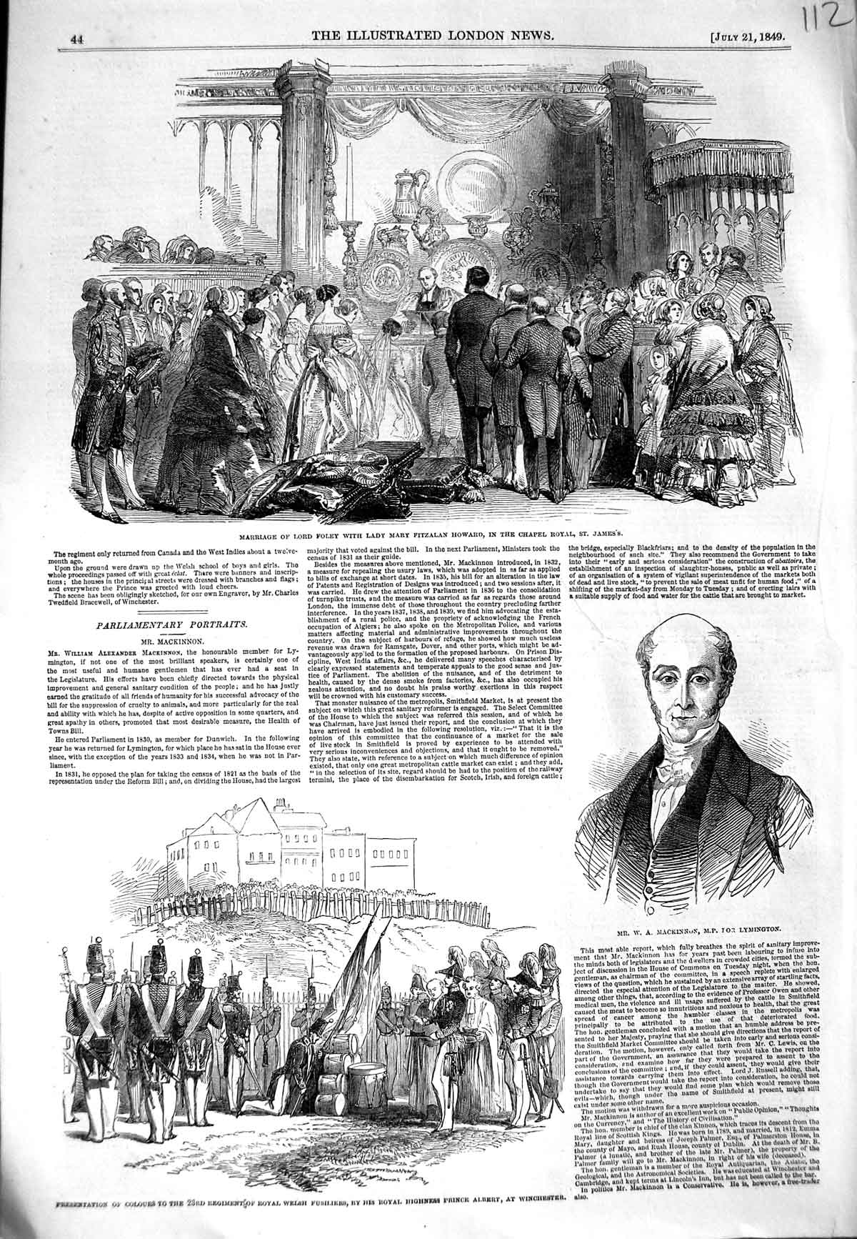 Original Old Antique Print 1849 Macinnon Lord Fowley Lady Howard Chapel James'S