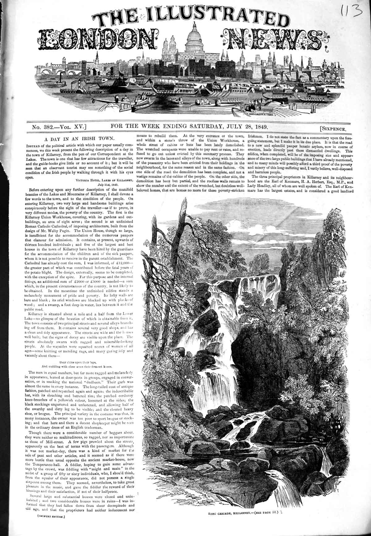 Original Old Antique Print 1849 Torc Cascade Killarney River Waterfall Ireland