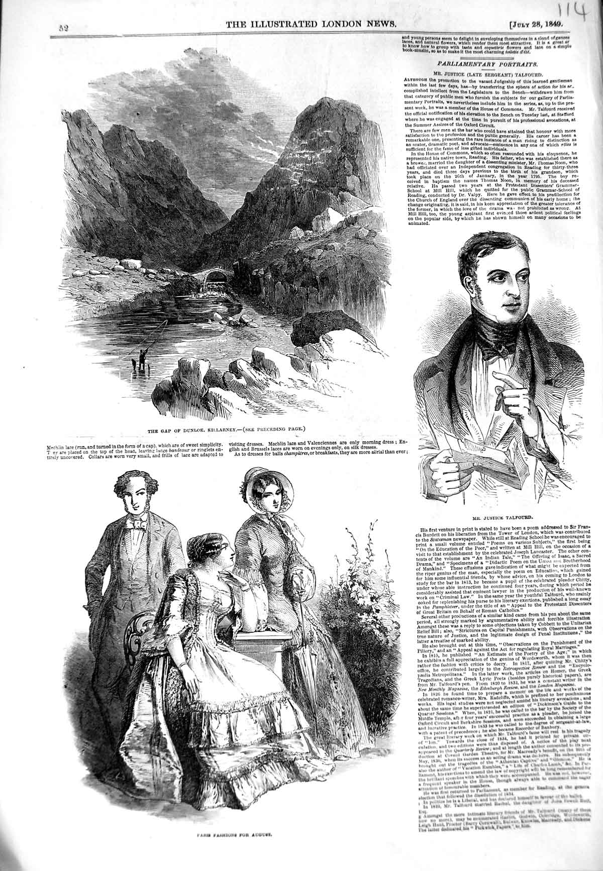 Original Old Antique Print 1849 Dunloe Killarney Justice Talfourd Paris Fashion