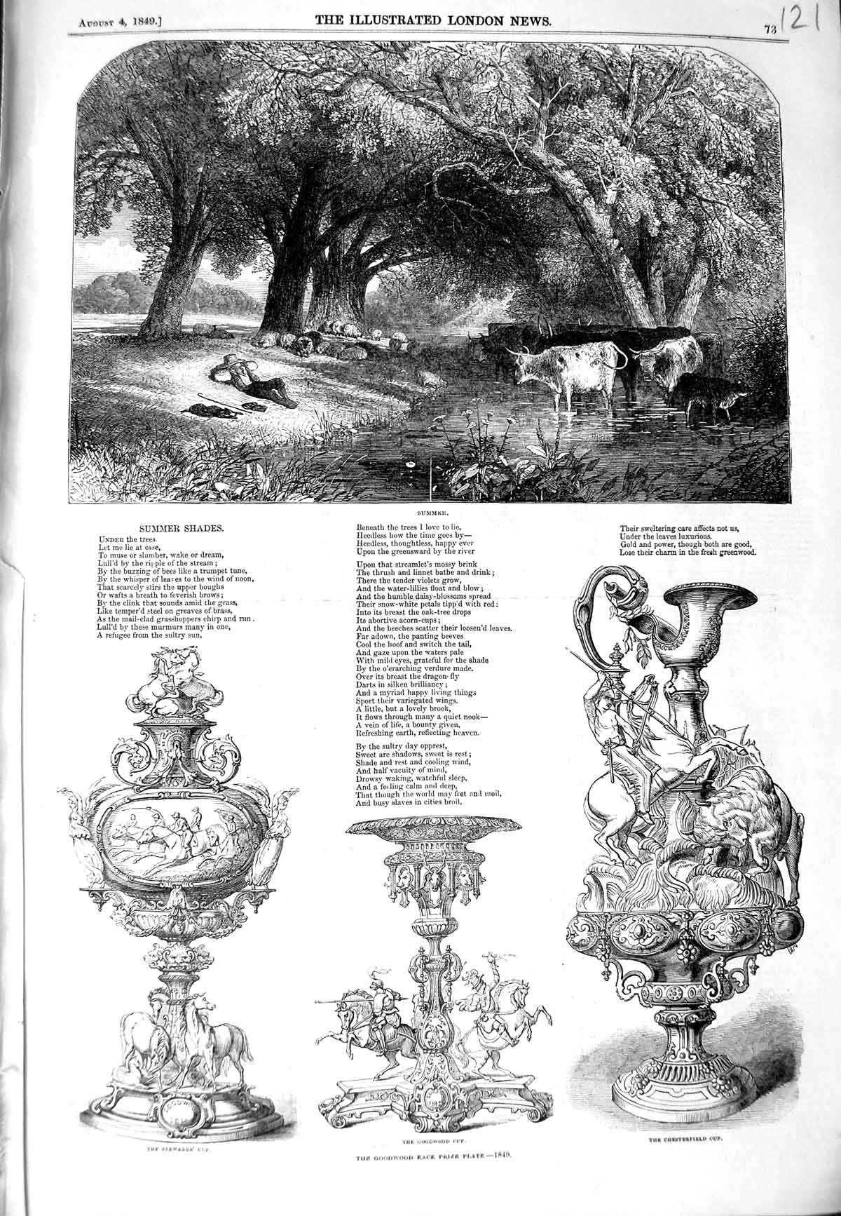 Original Old Antique Print 1849 Summer Scene River Cattle Goodwood Race Plate