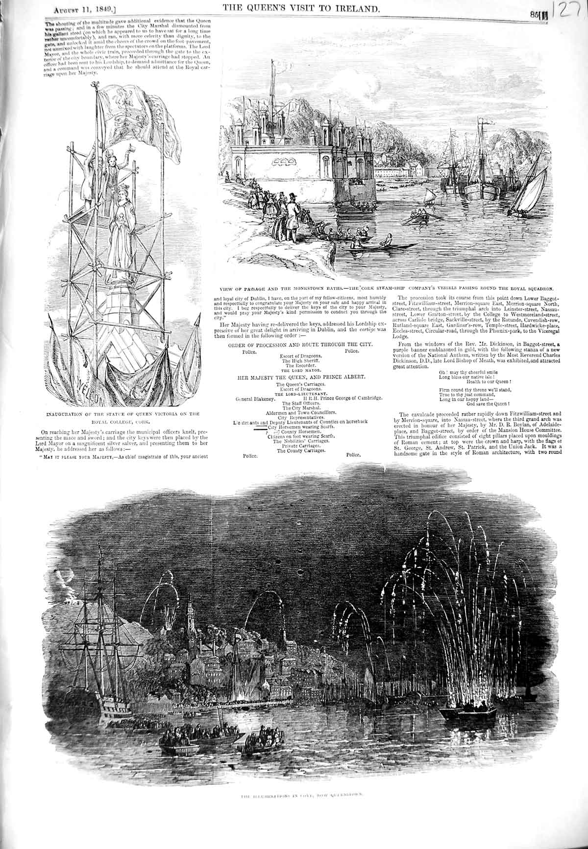 Old Antique Print 1849 Illuminations Cove Queenstown Statue Victoria Ship 19th