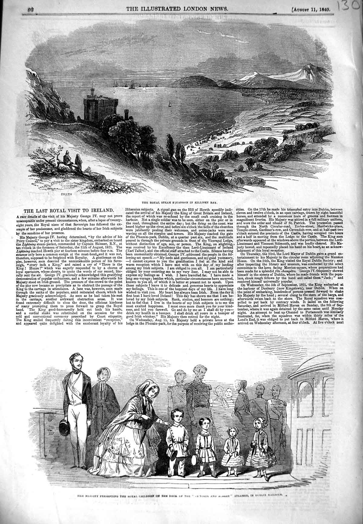 Old Antique Print 1849 Royal Ships Killiney Bay Ireland Victoria Albert 19th