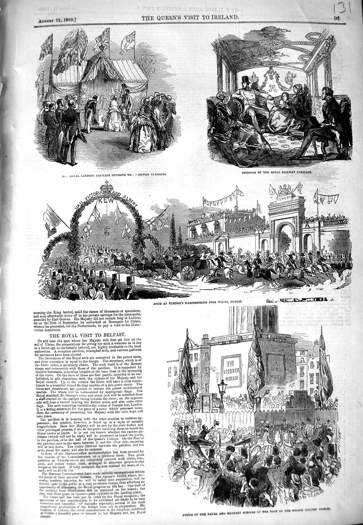 Old Antique Print 1849 Nelson Column Dublin Ireland Queen Train Carriage 19th