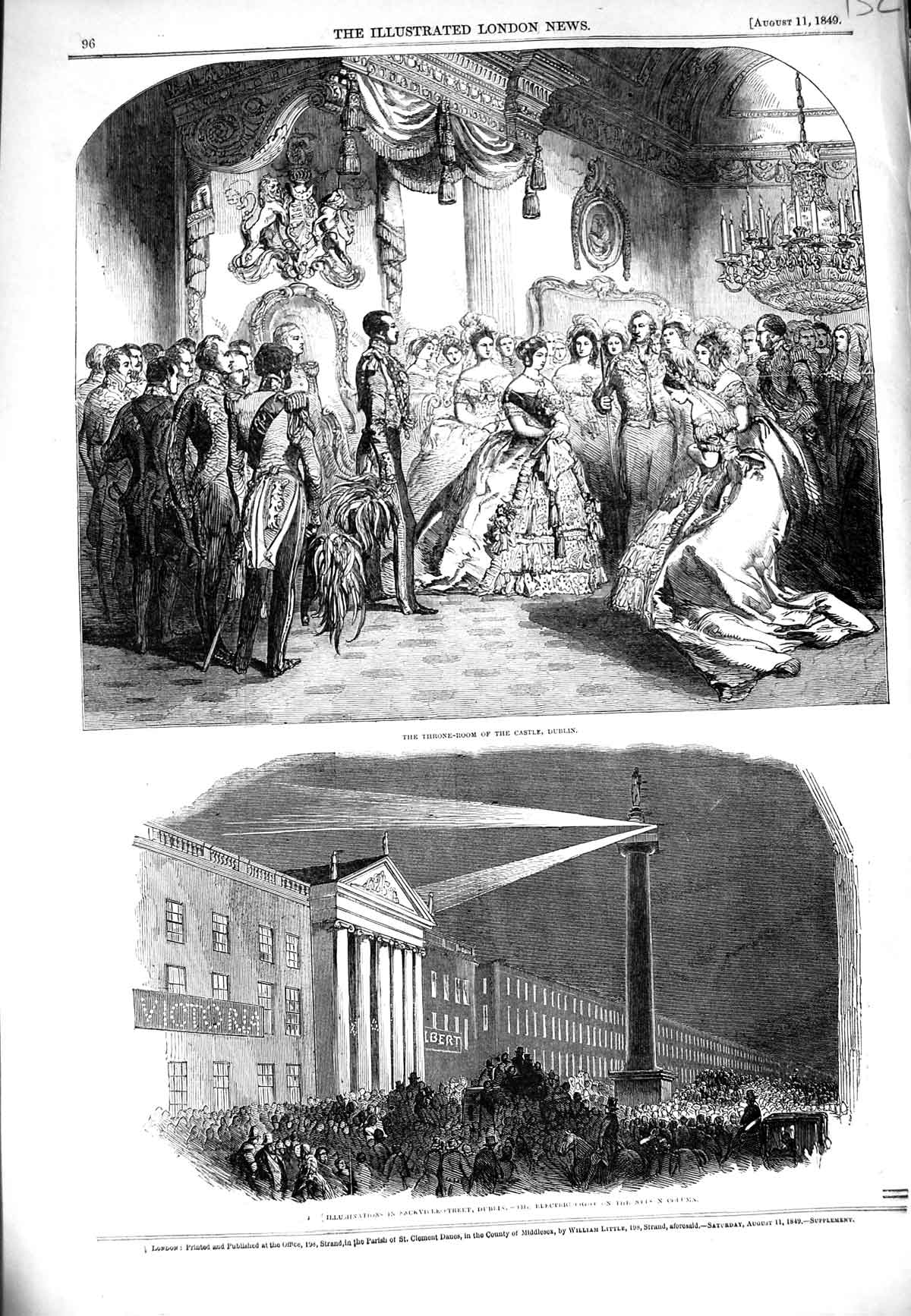 Old Antique Print 1849 Throne Room Castle Dublin Sackville-Street Ireland 19th