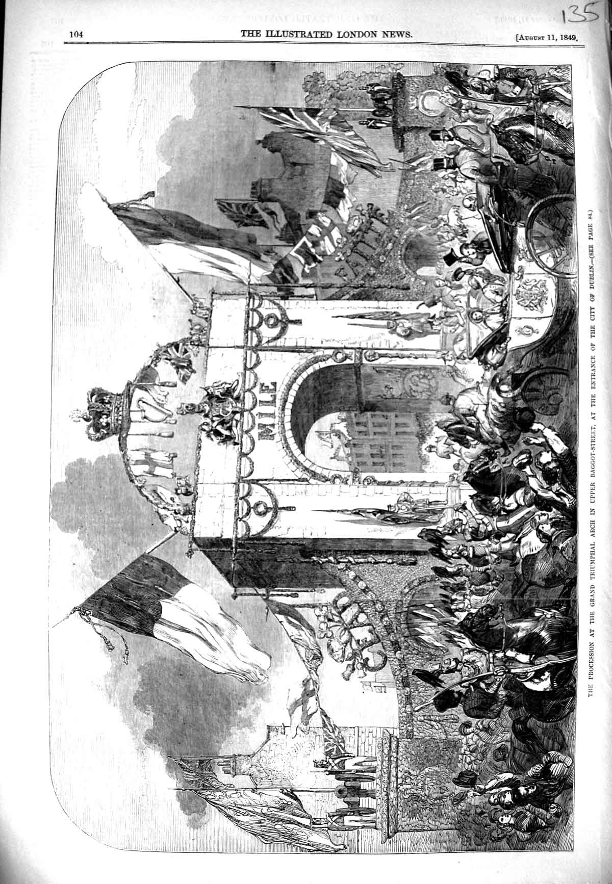 Original Old Antique Print 1849 Triumphal Arch Baggot-Street Dublin Ireland