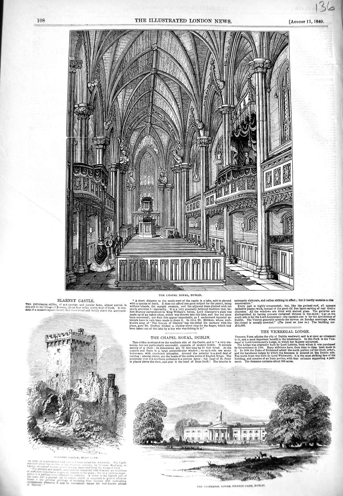 Original Old Antique Print 1849 Chapel Royal Dublin Blarney Castle Phoenix Park