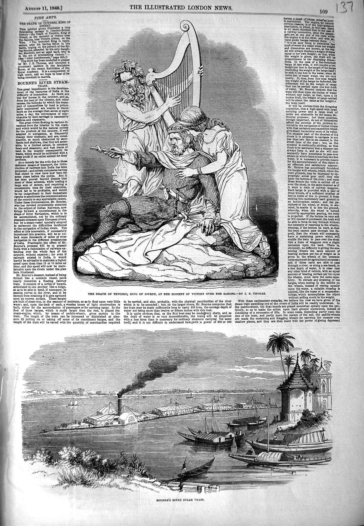 Old Antique Print 1849 Bourne'S River Steam Train Statue Death King Gwent 19th
